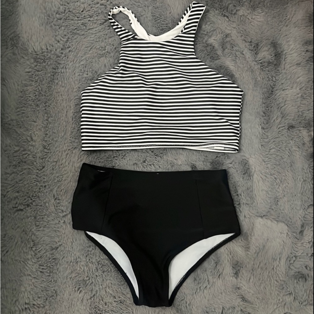 Black & White Striped Bikini Set Size S - High Neck Top and High Waisted Bottoms